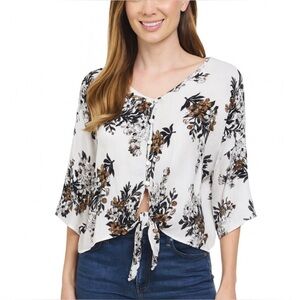 The Nines blouse top crinkle cut waist tie floral print lightweight SZ SM summer